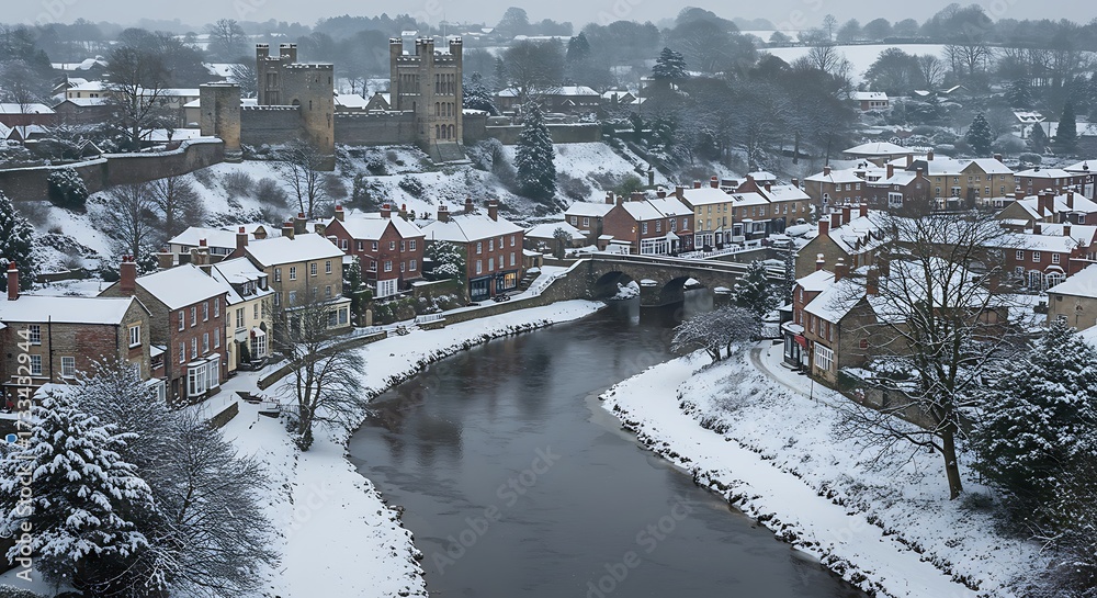 Obraz premium Snow covered townscape with river and historic buildings aerial view