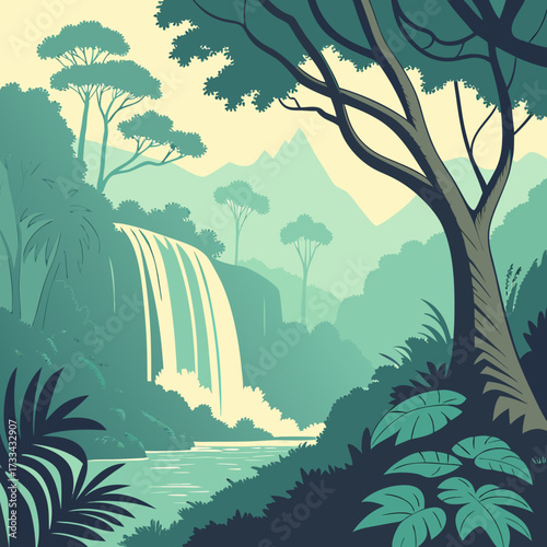 Lush Tropical Rainforest Waterfall – Flat Vector Illustration