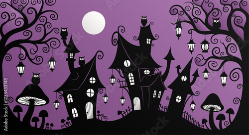 A whimsical village of crooked, silhouetted houses glows under a purple sky, where owls watch from twisted trees lit by a full moon and dangling lanterns