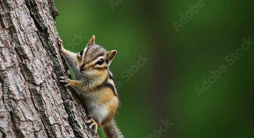 A captivating close-up of a charming chipmunk scaling a tree trunk against a blurred background