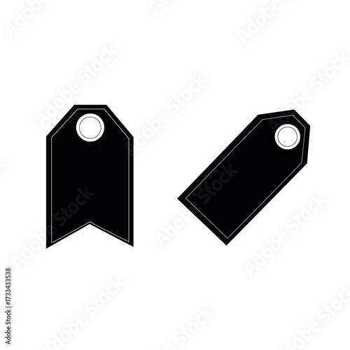 Two black price tags, one upright and one angled, isolated on a white background