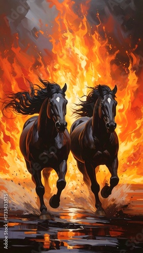 Two black horses running through fiery scene