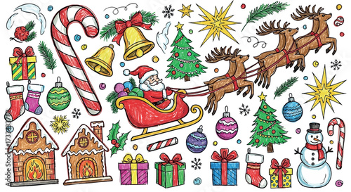 Vector art of vibrant christmas illustration with santa, reindeer, gingerbread houses, and festive decorations