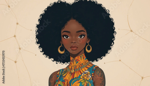 Stylized cute African woman in vector illustration, natural curly hair, vibrant fashion, flat design. Ai Generate 