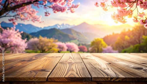 Wooden Table Perspective Cherry Blossoms Bloom in Spring's Embrace with Mountain Scenery and Warm Sunlight