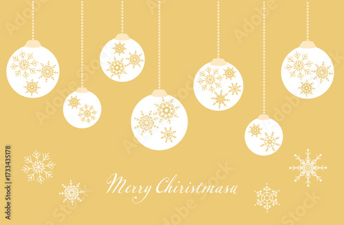 優しい色味で使いやすい、オシャレでシンプルなグリーティングカードにも使えるクリスマスオーナメントの背景付きイラスト、金色。