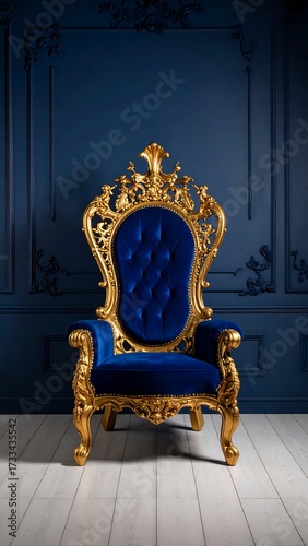 Ornate blue velvet throne chair