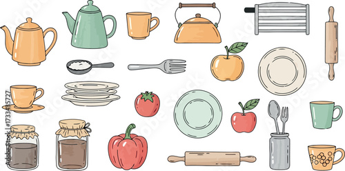 Vector art of collection of kitchenware and food items