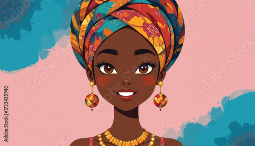 Ai Generate  Cute African woman character in modern flat vector style, smiling face, colorful headwrap, traditional jewelry, minimal cartoon illustration. 