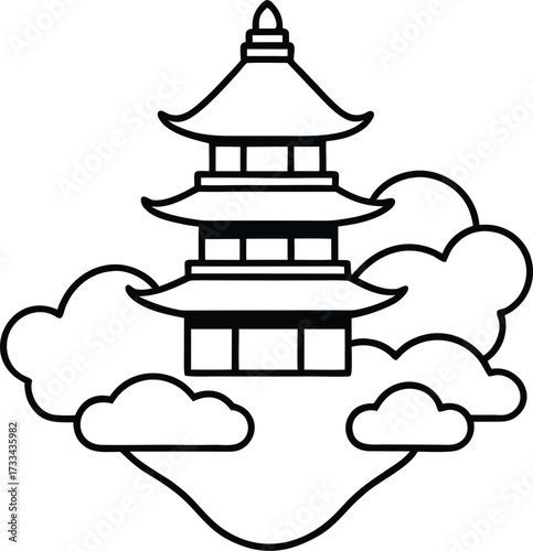 Japanese pagoda floating among lotus clouds illustration on transparent background