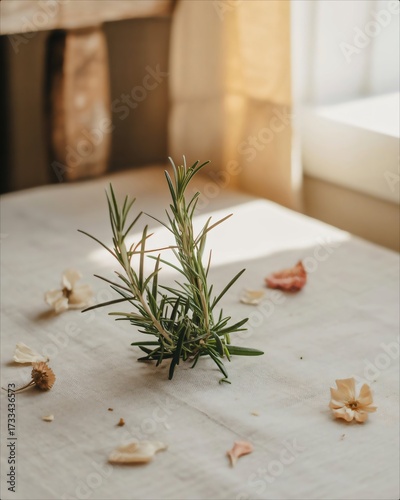 Fresh Rosemary Sprigs and Dried Petals on a Light Tablecloth.