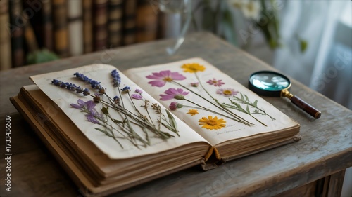 Vintage Herbarium Book with Pressed Flowers and Magnifying Glass on Wooden Table.