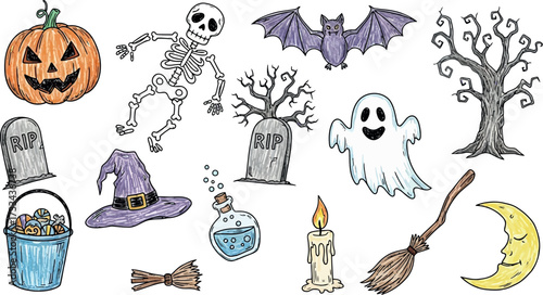Vector art of assortment of handdrawn halloween icons