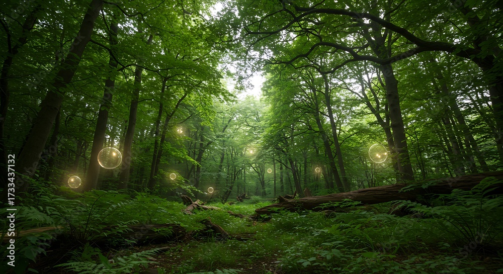 Fototapeta premium Lush green forest landscape with sunlight and illuminated orbs overhead view