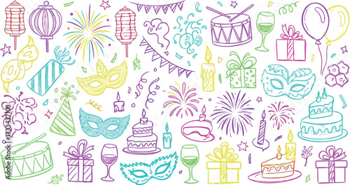 Vector art of handdrawn party elements like masks, cakes, fireworks, and gifts