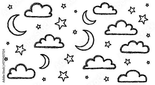 Vector art of hand drawn clouds and stars at night