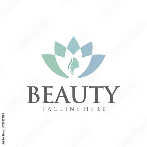 Elegant luxury logo with beautiful face of young adult woman with long hair. Sexy symbol silhouette of girl head and text lettering Beauty, SPA salon
