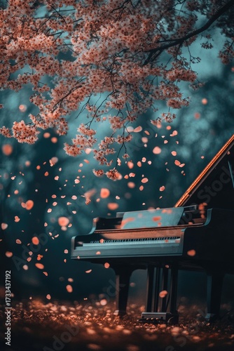 Piano under cherry tree, petals falling. Serene and musical