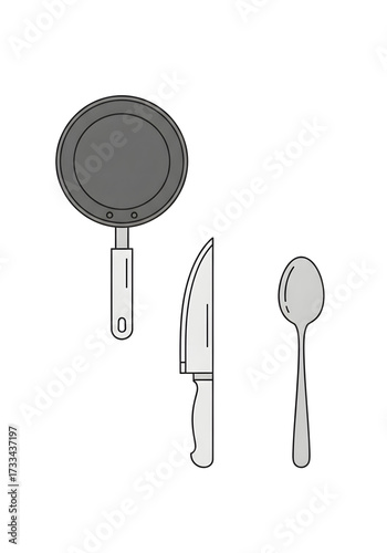 Kitchen utensils arrangement featuring a frying pan knife and spoon.