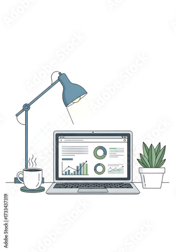 Laptop on desk with coffee and plant work from home concept.
