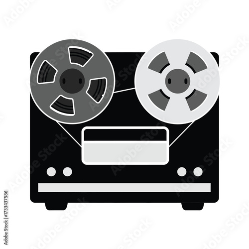 A stylized illustration of a vintage reel-to-reel tape recorder, ready to play.