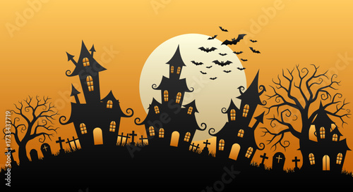 A colony of bats swarms a glowing full moon above the silhouettes of crooked haunted houses and an eerie hillside graveyard