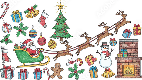 Vector art of festive christmas illustration with santa, reindeer, gifts, and decorations