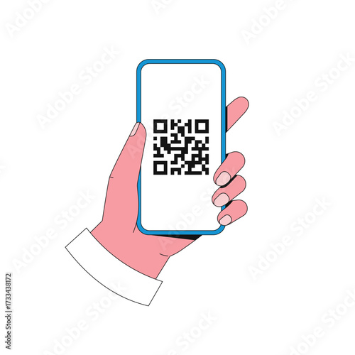 QR code for scanning or digital payment. Hand holding Phone with QR-code. White background