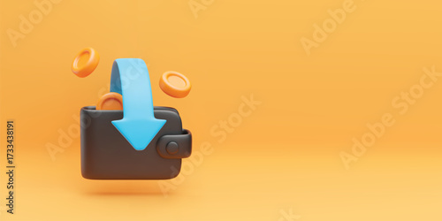 Cashback and money refund 3d banner. Realistic wallet with banknote and gold coins and blue arrow on yellow background. Cashback, money or cash refund concept. Vector sign of money transfer