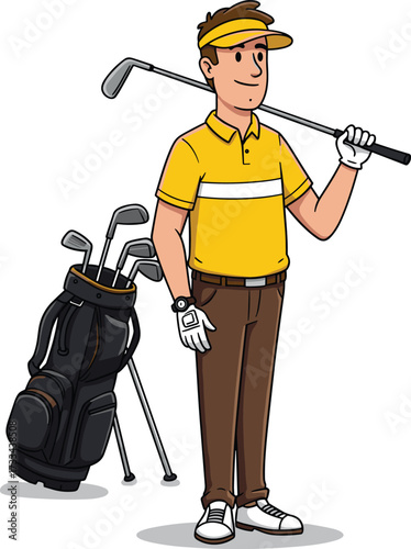Cartoon golfer man standing with golf club, golf bag, wearing sports uniform, professional athlete, outdoor game, competition, training, championship illustration