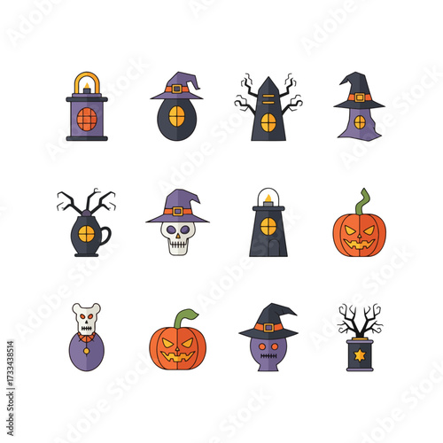 Collection of Halloween-themed illustrations featuring various spooky objects and characters in a flat design.