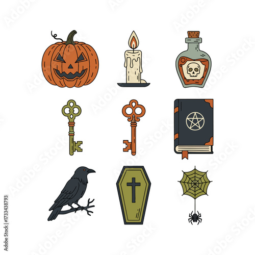 A spooky set of Halloween symbols features dark horror, skull, and pumpkin icons. A scary, creepy icon set evoking fear and mystery