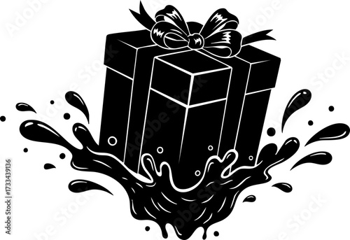 Surprise gift box emerges from dark liquid splash, symbolizing mystery, discovery, and unexpected joy for celebrations and promotions.