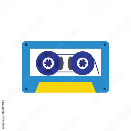 Flat vector icon of a classic blue audio cassette tape, a nostalgic symbol of retro 80s and 90s analog music culture and mixtapes