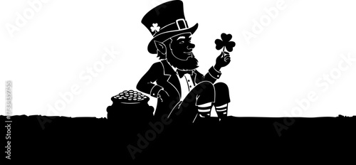 Charming leprechaun with pot of gold and lucky shamrock, perfect for Irish holiday celebrations and festive designs.