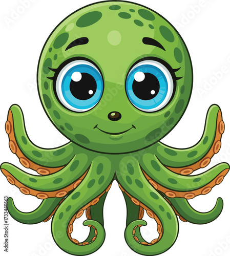 Cartoon green octopus illustration, cute sea animal with big eyes, orange suction cups, children’s content, marine character, vector drawing