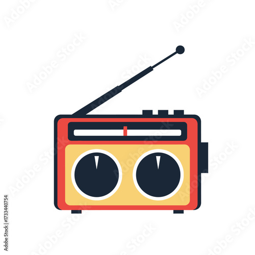 Classic red and yellow portable radio receiver with antenna, a retro icon representing vintage audio technology and broadcast media entertainment