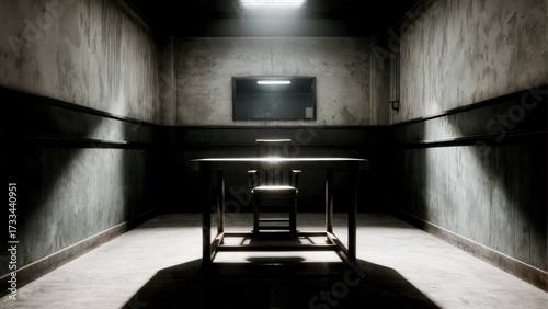 An empty, dimly lit interrogation room with a single chair. Interrogation, psychological thriller, suspenseful scene, legal.
