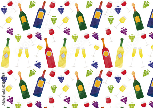 水彩風 ワイングラスとボトルと葡萄パターン Cheers in Watercolor Series:Wine Glass, Bottle and Grape Pattern