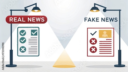 Illustration of Real News vs. Fake News Under Streetlights