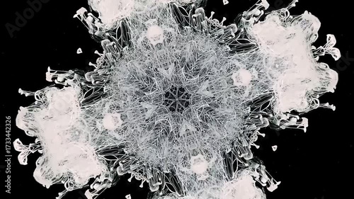 A rotating kaleidoscope of white ink on a black background. The infinite energy of a black hole. Blurred background. Fancy abstract screensaver.