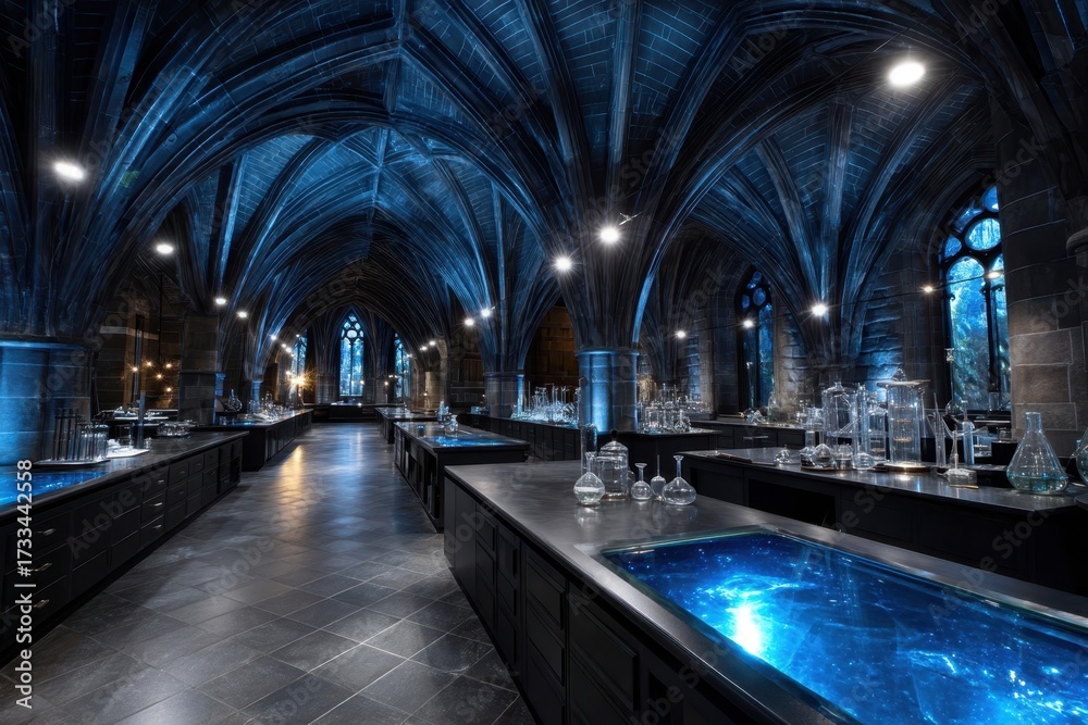 Fototapeta premium Historic gothic laboratory with intricate architecture and mystical lighting at night