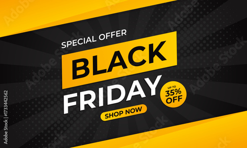 Black Friday sale banner template with black sunburst background and yellow accents, special offer up to 35% off, suitable for shopping promotion, marketing ads, discount events, and websites