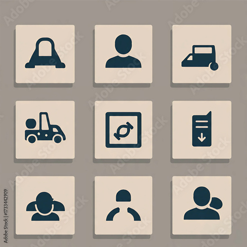 Collection of nine minimalist icons representing people and vehicles, presented in a grid layout