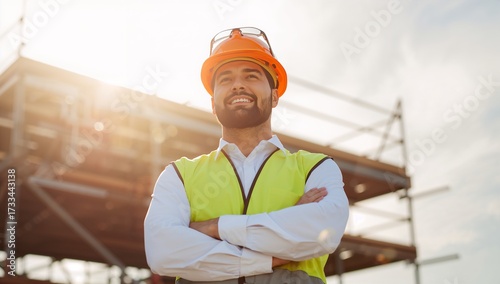 construction worker man professional portrait with scaffolding and sunset light
