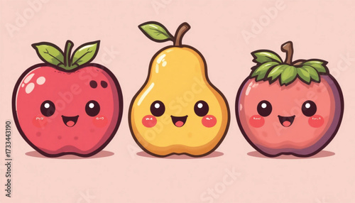 Cute kawaii fruit characters with smiling faces, clean vector illustration for kids and fun branding. Ai Generate 