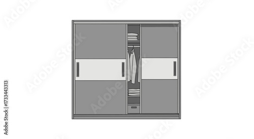 A modern grey wardrobe with two sliding doors, one partially open revealing an organized interior with hanging clothes, shelves, and a drawer.