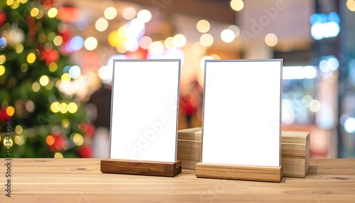 Blank menu boards on a wooden table, blurred Christmas market background