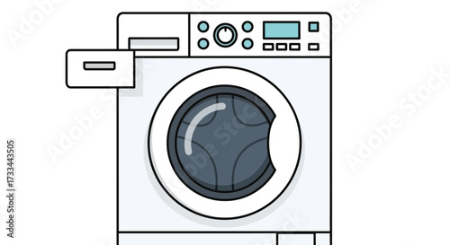 A clean, modern illustration of a front-loading washing machine with its detergent drawer open, isolated on a white background.