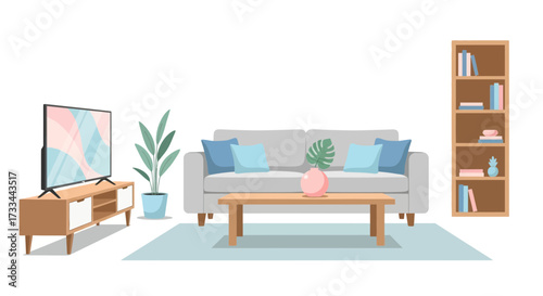 A modern living room with a gray sofa, coffee table, television, and bookshelf.